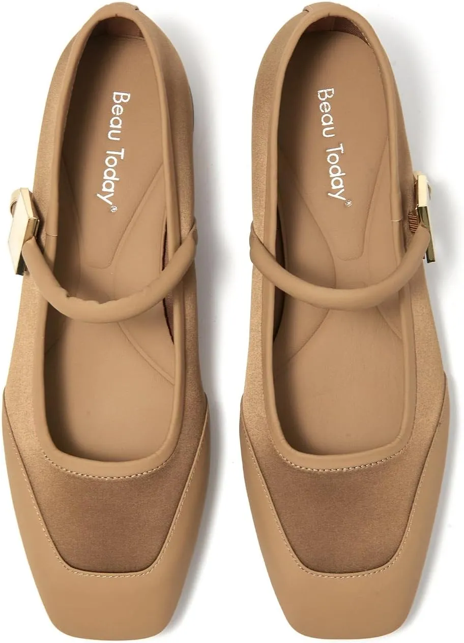BEAU TODAY Mary Janes, Womens Ballet Flats, Leather Square Toe Mary Jane Dress Shoes for Women Business Party