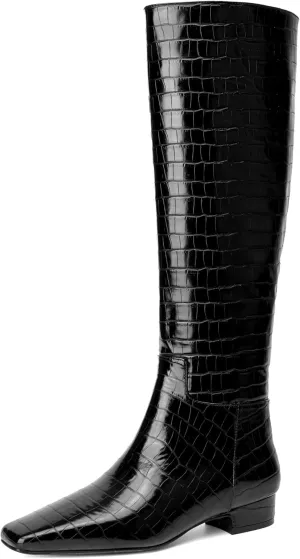 Beauty Cry Square Toe Flat Knee High Boots for Women Metallic Chunky Low Heel Leather Riding Boots With Side Zipper