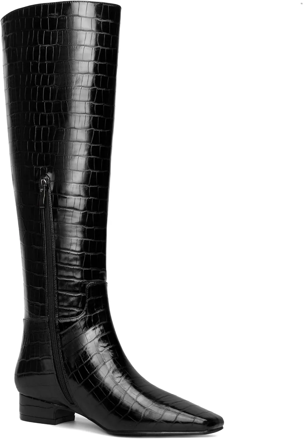 Beauty Cry Square Toe Flat Knee High Boots for Women Metallic Chunky Low Heel Leather Riding Boots With Side Zipper