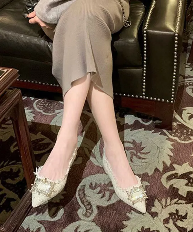 Beige French Zircon Splicing Flat Feet Shoes Pointed Toe