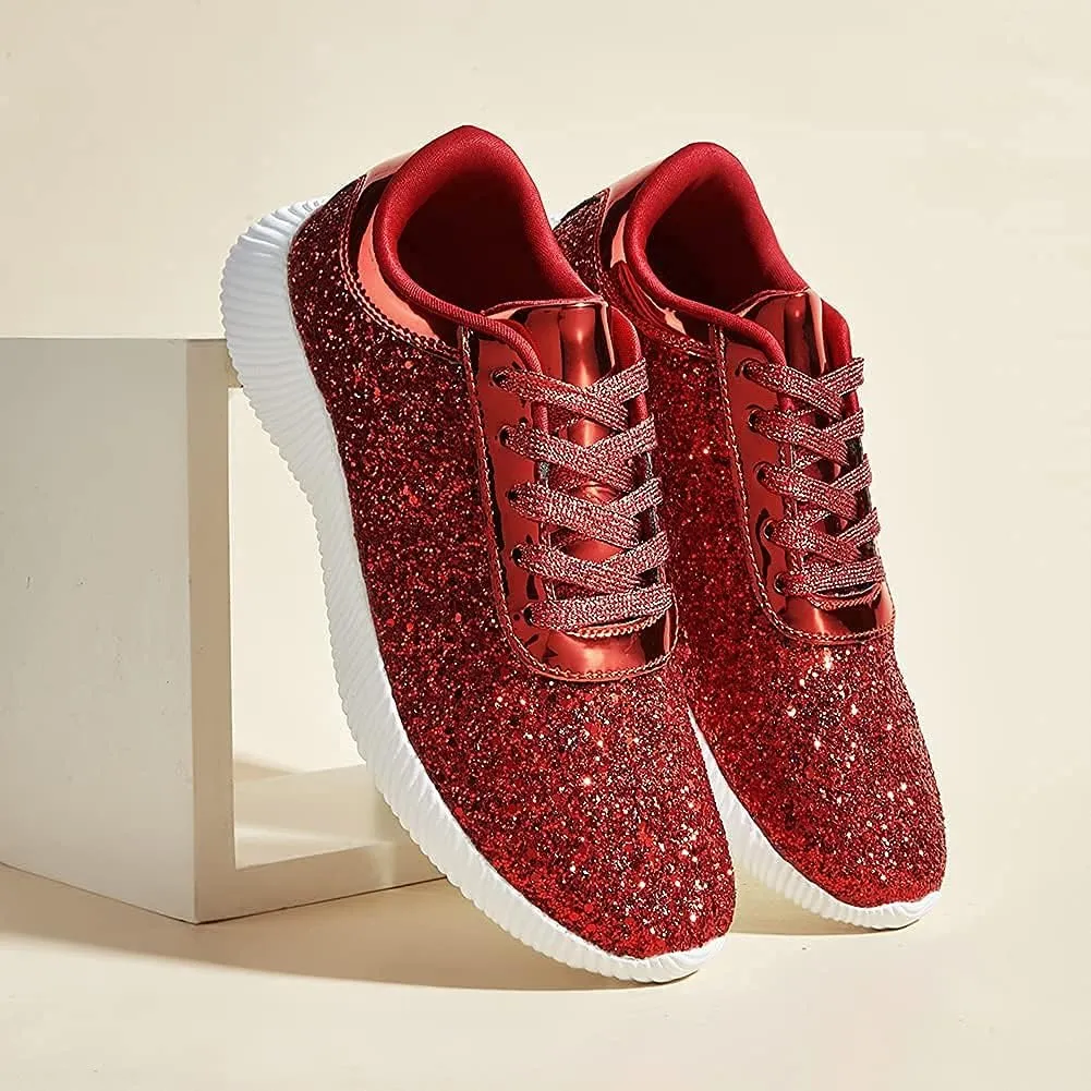 BELOS Women's Glitter Shoes Sparkly Lightweight Metallic Sequins Tennis Shoes Casual Retro Braided Walking Shoes