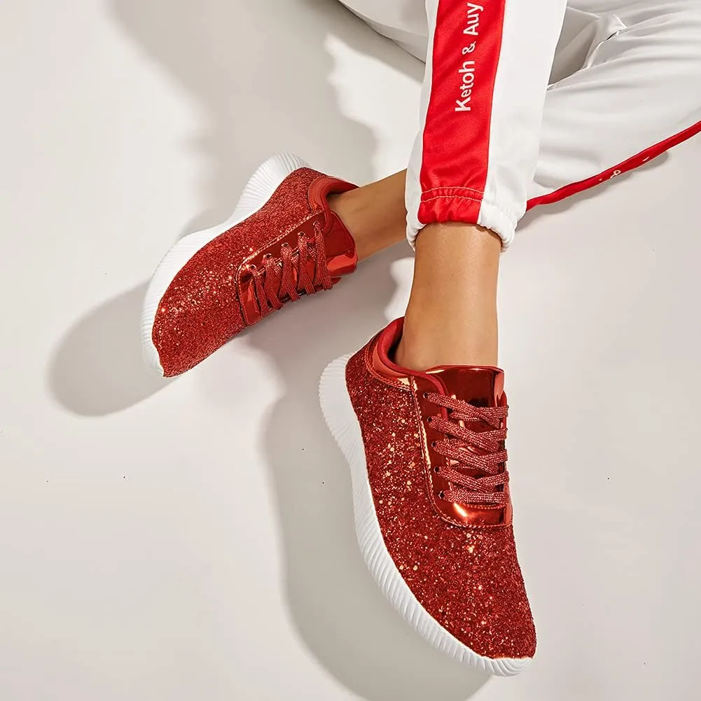 BELOS Women's Glitter Shoes Sparkly Lightweight Metallic Sequins Tennis Shoes Casual Retro Braided Walking Shoes