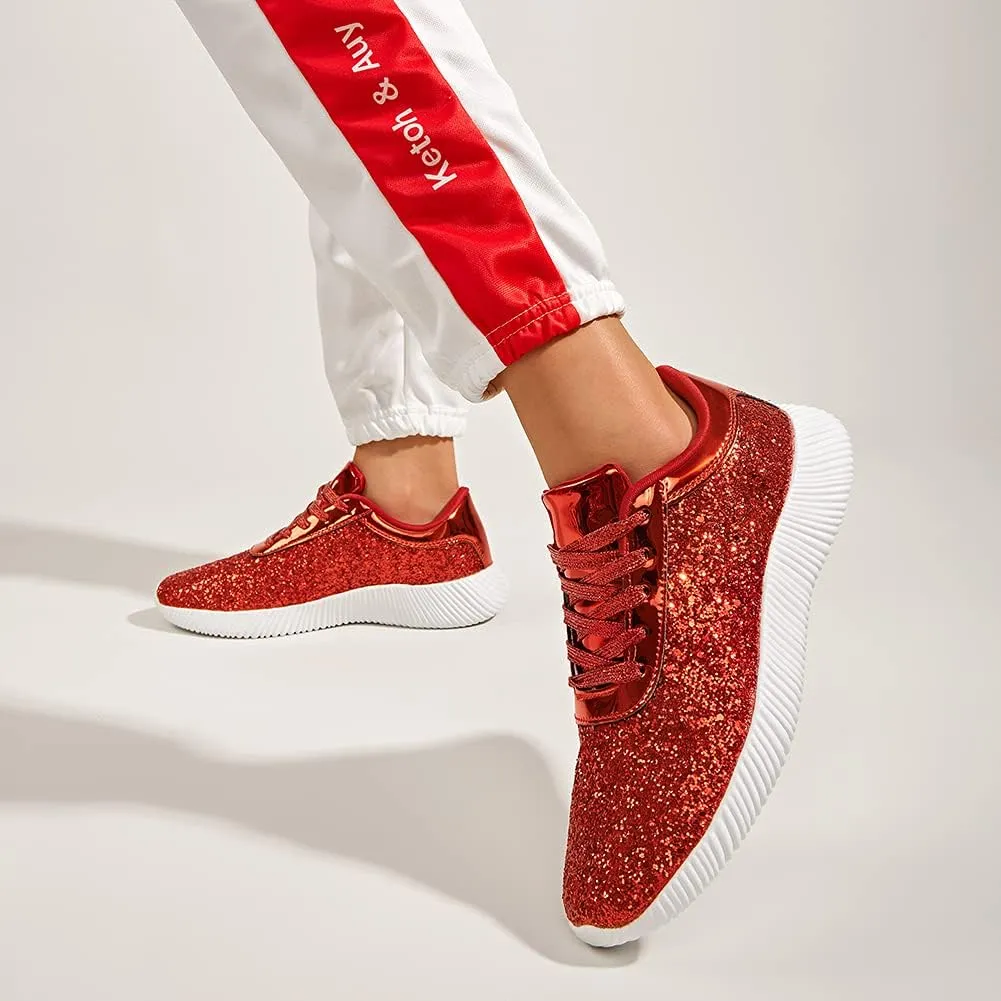 BELOS Women's Glitter Shoes Sparkly Lightweight Metallic Sequins Tennis Shoes Casual Retro Braided Walking Shoes