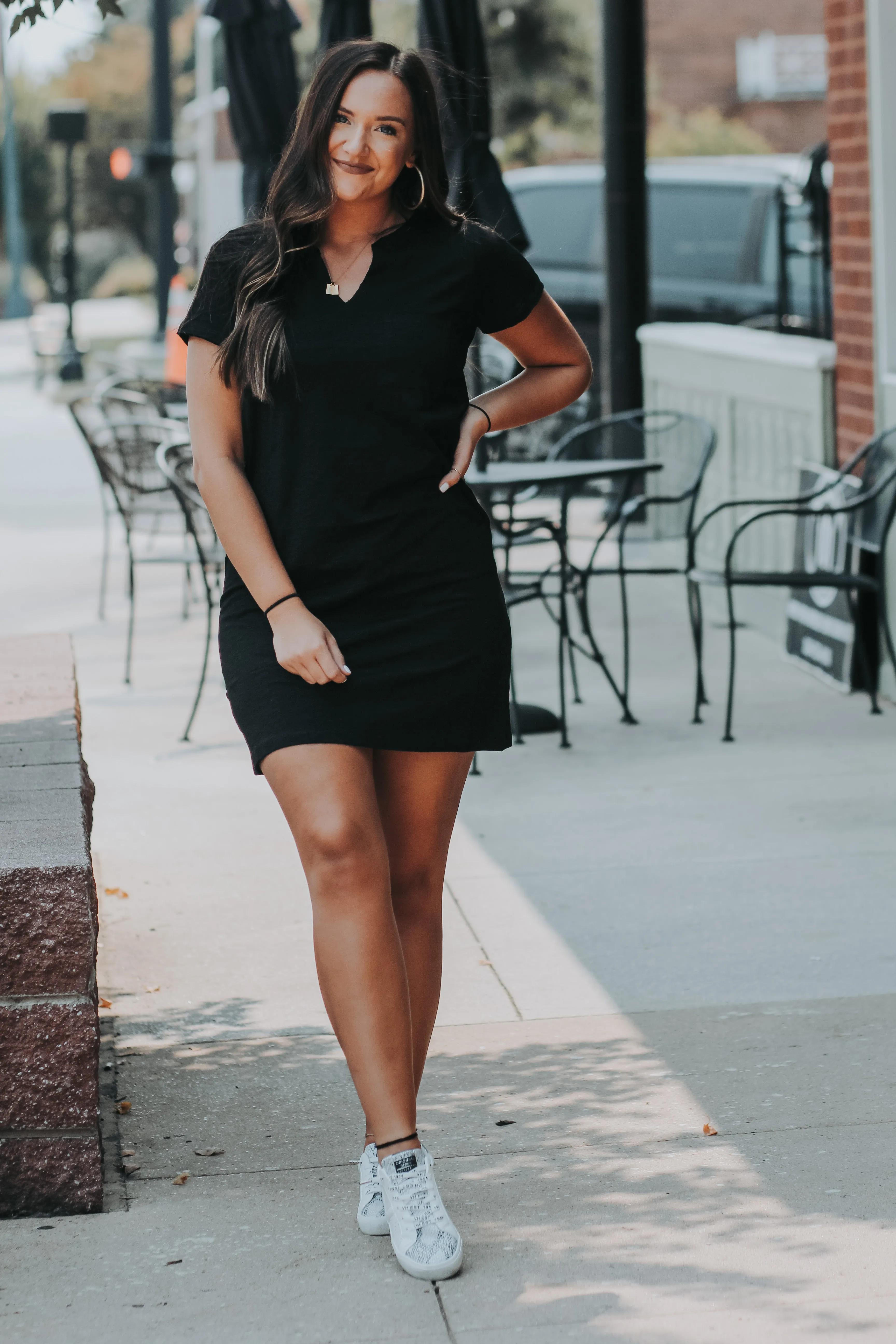 Black Front Pocket Short Sleeve Mini Dress