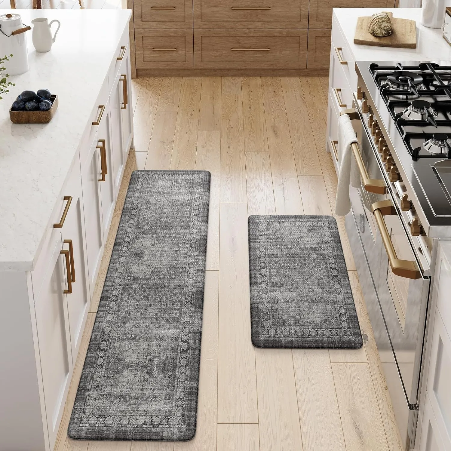 Black Kitchen Mats for Floor,Anti Fatigue Kitchen Floor Mat Non Slip Cushioned,Distressed Ergonomic Waterproof Comfort Standing Desk Mat for Home Office Sink Farmhouse(2 Piece)