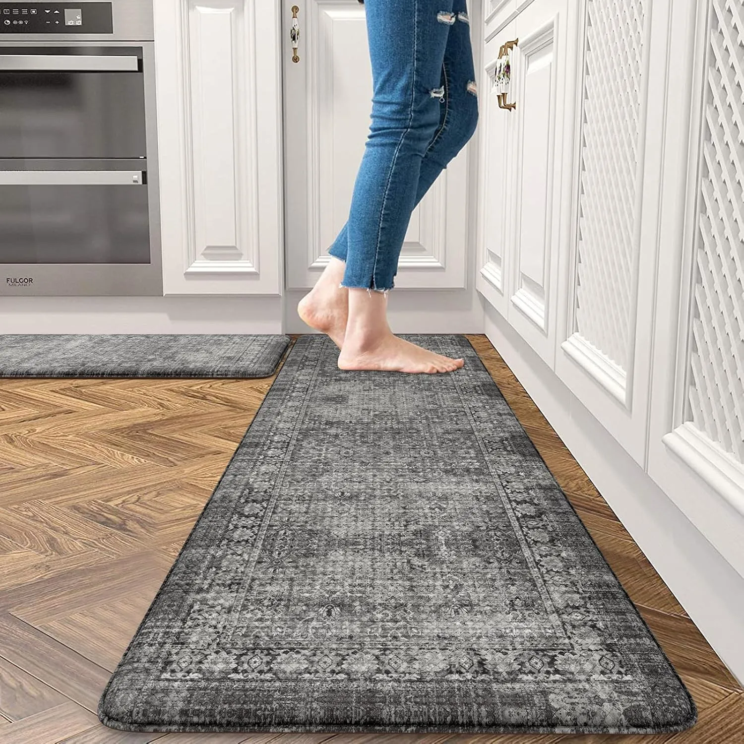 Black Kitchen Mats for Floor,Anti Fatigue Kitchen Floor Mat Non Slip Cushioned,Distressed Ergonomic Waterproof Comfort Standing Desk Mat for Home Office Sink Farmhouse(2 Piece)
