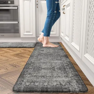 Black Kitchen Mats for Floor,Anti Fatigue Kitchen Floor Mat Non Slip Cushioned,Distressed Ergonomic Waterproof Comfort Standing Desk Mat for Home Office Sink Farmhouse(2 Piece)