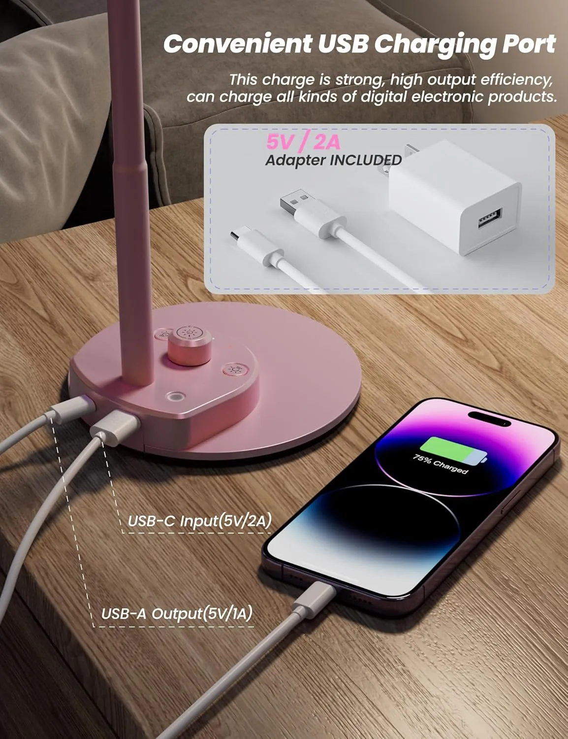 BOHON Cute Pink Desk Lamp with USB Charging Port, 3 Color Modes, Dimmable, Flexible Gooseneck, LED, Aluminum, Pink