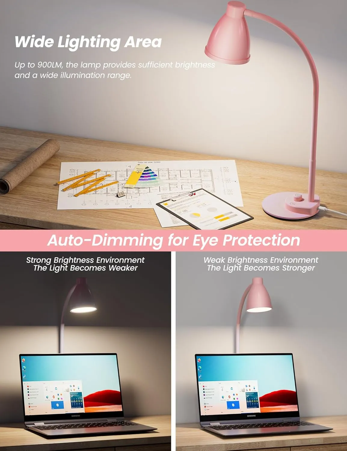 BOHON Cute Pink Desk Lamp with USB Charging Port, 3 Color Modes, Dimmable, Flexible Gooseneck, LED, Aluminum, Pink
