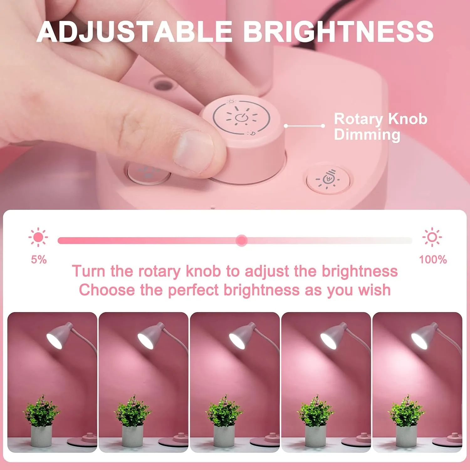 BOHON Cute Pink Desk Lamp with USB Charging Port, 3 Color Modes, Dimmable, Flexible Gooseneck, LED, Aluminum, Pink
