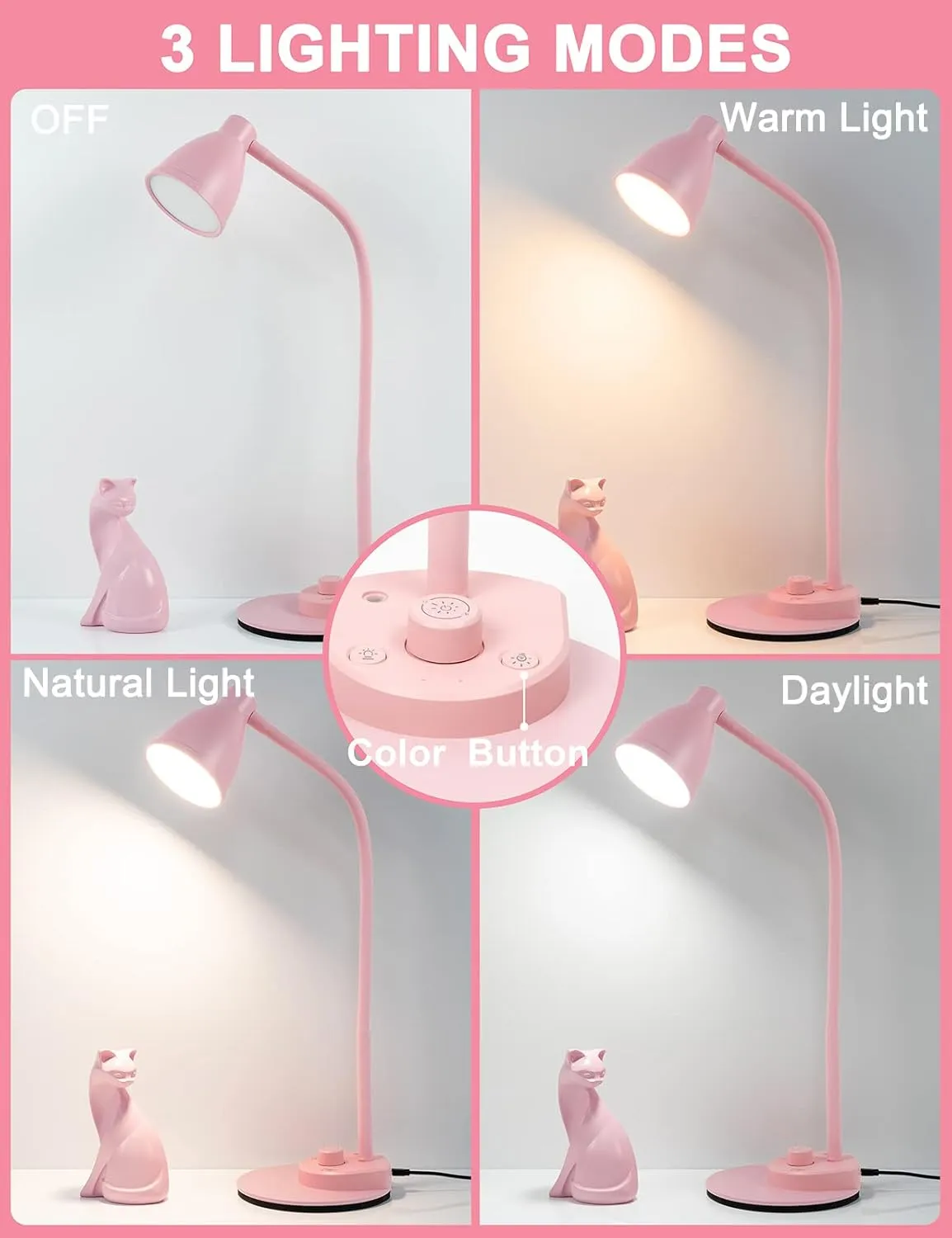 BOHON Cute Pink Desk Lamp with USB Charging Port, 3 Color Modes, Dimmable, Flexible Gooseneck, LED, Aluminum, Pink