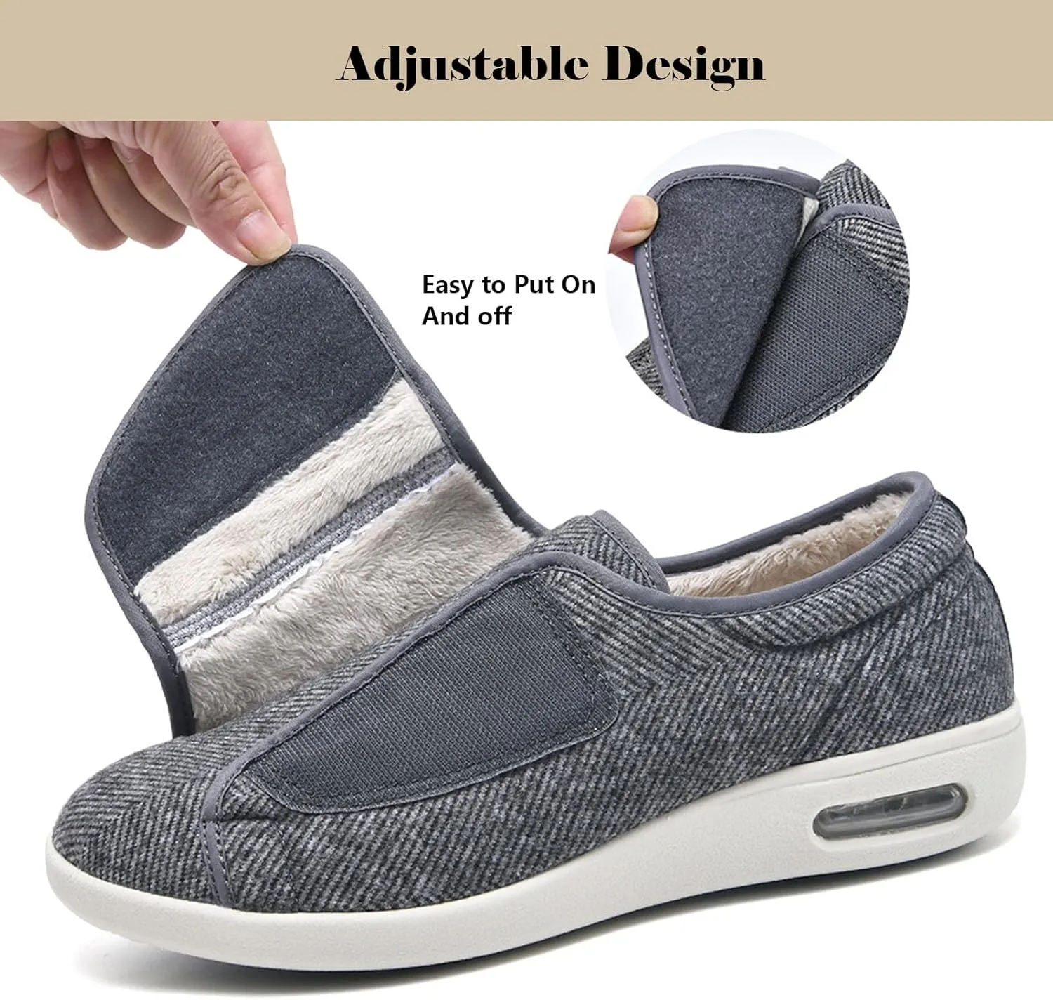 bumuam Men's Wide Width Shoes with Adjustable Closure Lightweight,Orthopedic Lightweight Warm Comfy Slippers for Elderly Swollen Feet Arthritis Recovery