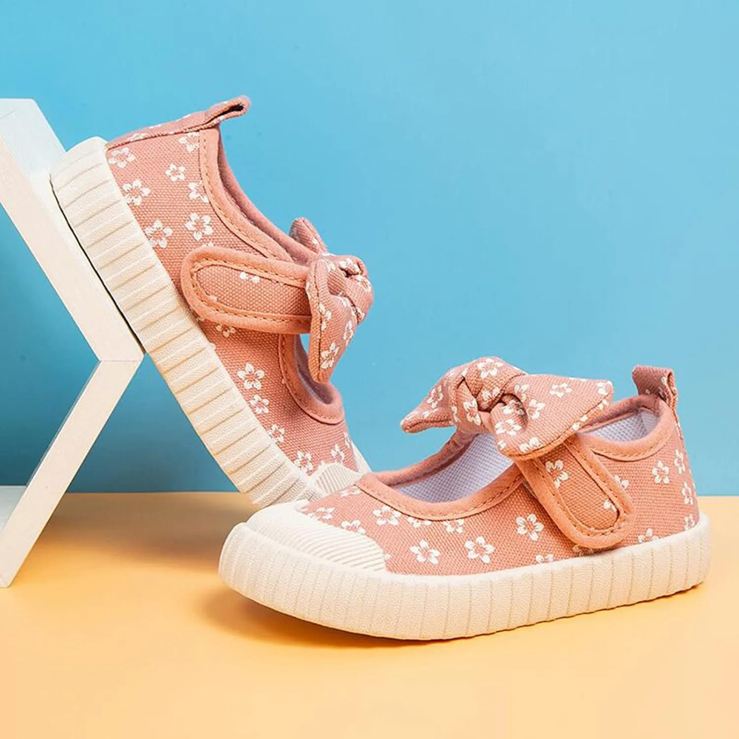 Canvas Shoes Kids Baby Floral Print Bowknot Outdoor Sport Sneakers Slip-On Comfortable Light Weight Skin-Friendly Causal Running Tennis Shoes