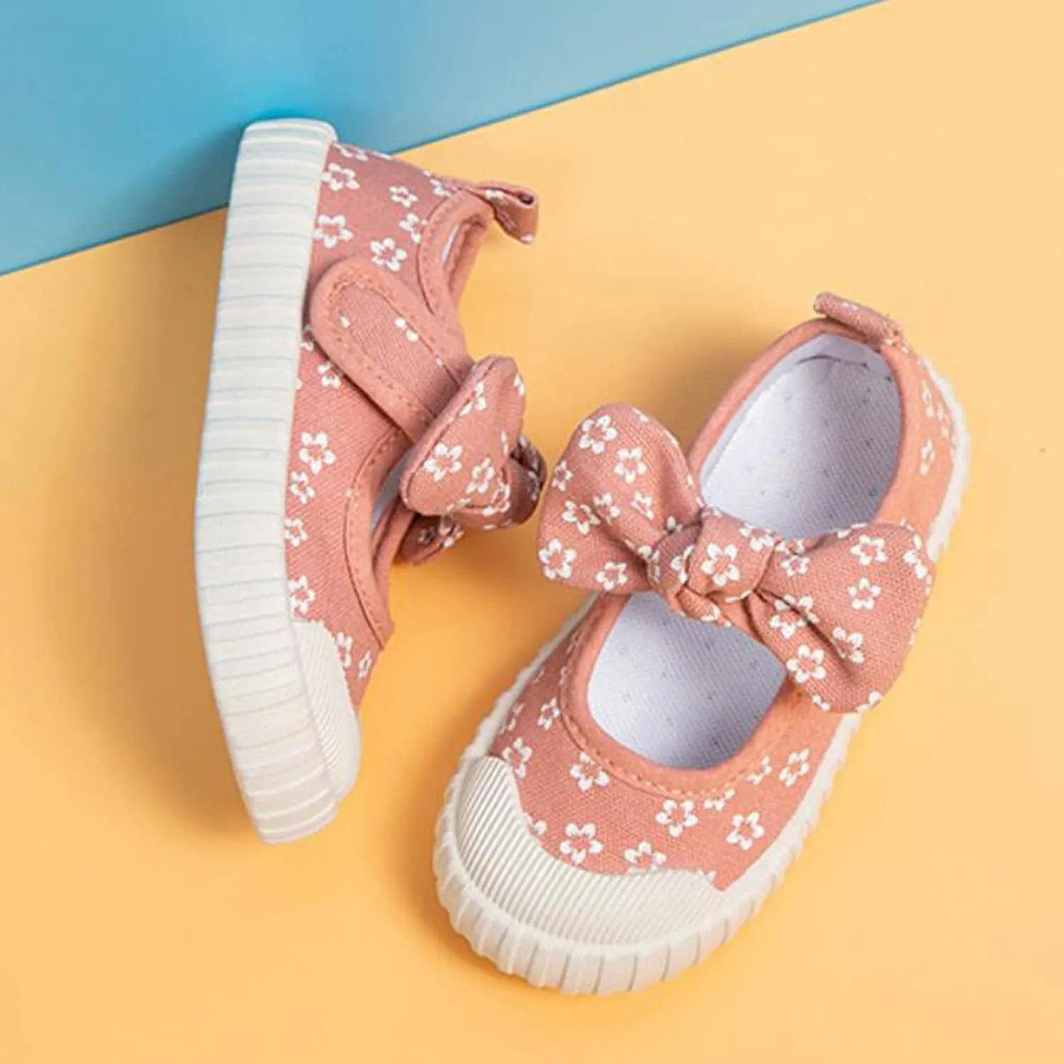 Canvas Shoes Kids Baby Floral Print Bowknot Outdoor Sport Sneakers Slip-On Comfortable Light Weight Skin-Friendly Causal Running Tennis Shoes