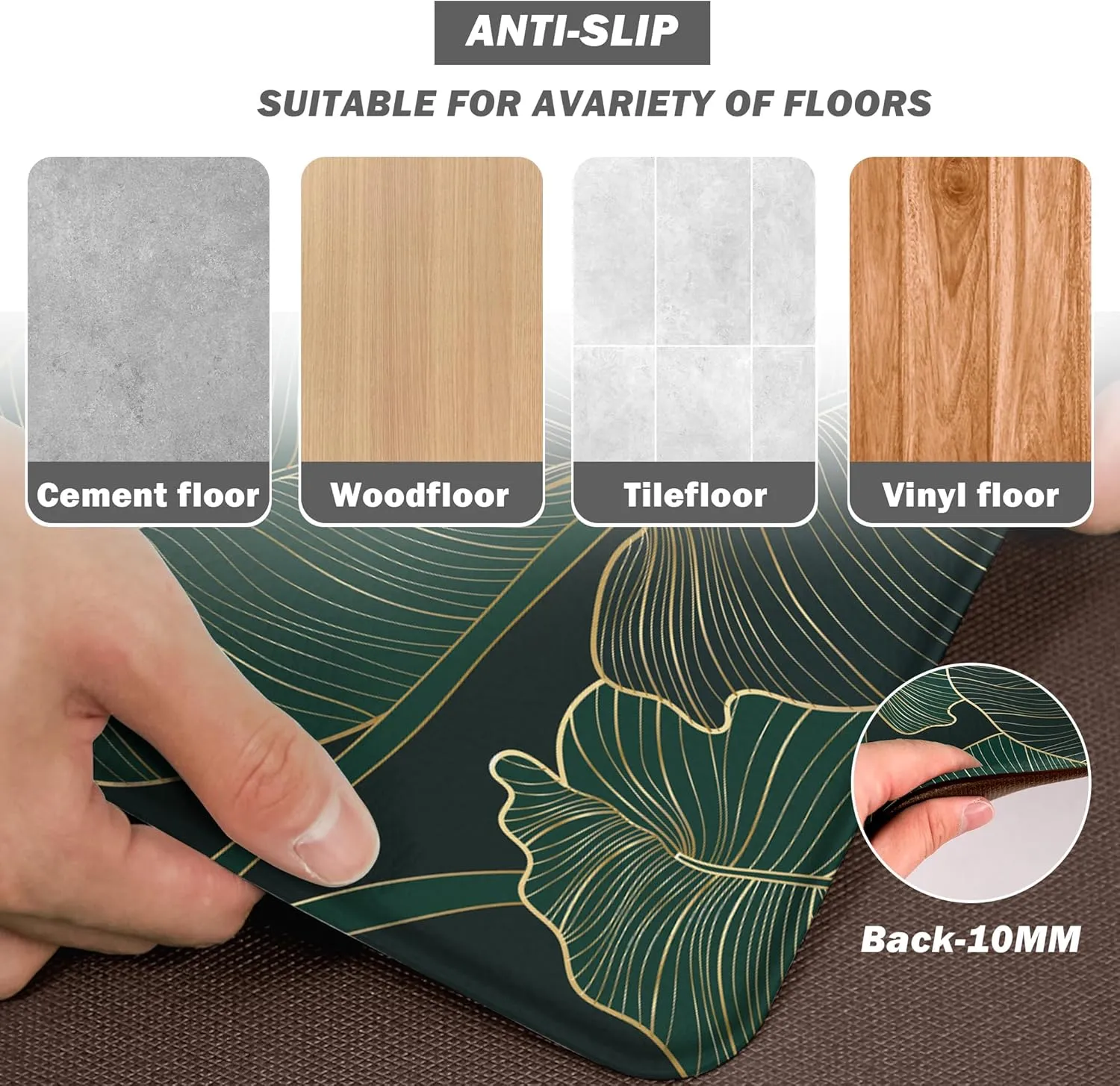 chiinvent Kitchen Mats for Floor Cushioned Anti Fatigue Mats for Kitchen Green Kitchen Floor Mat Memory Foam Boho Kitchen Rugs Luxury Runner Rugs Sets of 2, 17.3x28   17.3x47, 0.4 inches