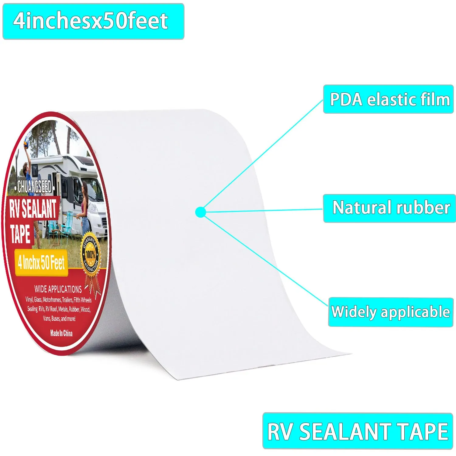 CHUANGSEED RV Roof Tape White, 4 Inch X 50 Feet, RV Sealant Tape, Roof Patch Repair Tape for Camper Roof Repair, Trailer Roof Sealant, Stop Camper Roof Leaks, UV-Resistant, Weatherproof,Boat