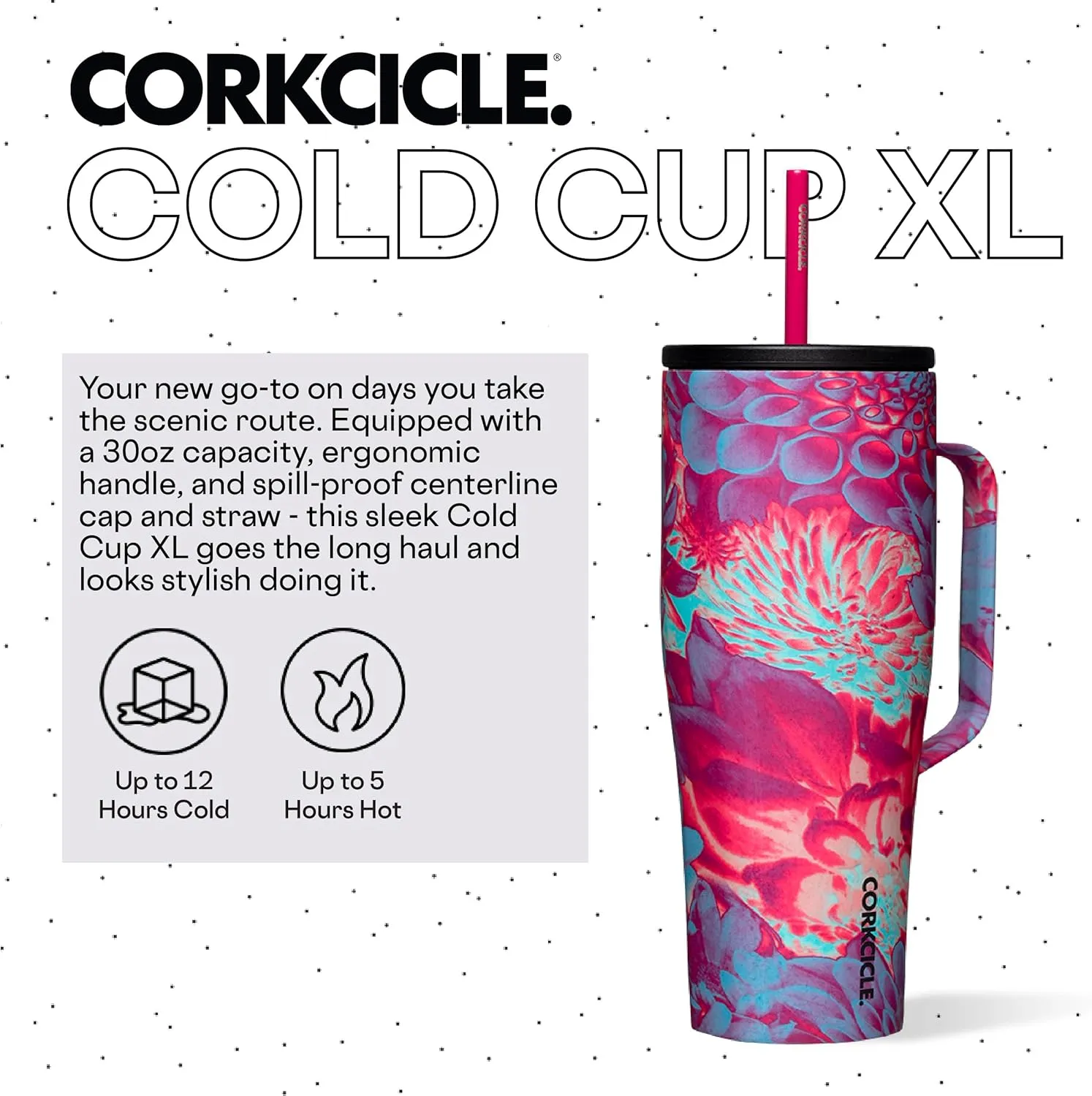 Corkcicle Cold Cup XL Insulated Tumbler with Handle, Lid, & Straw, Dopamine Floral, 30 oz – Reusable Cupholder Friendly Water Bottle Keeps Drinks Cold 12hrs