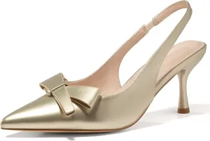 Coutgo Womens Slingback Kitten Heels Bow Closed Pointed Toe Pumps Slip on Office Work Dress Shoes