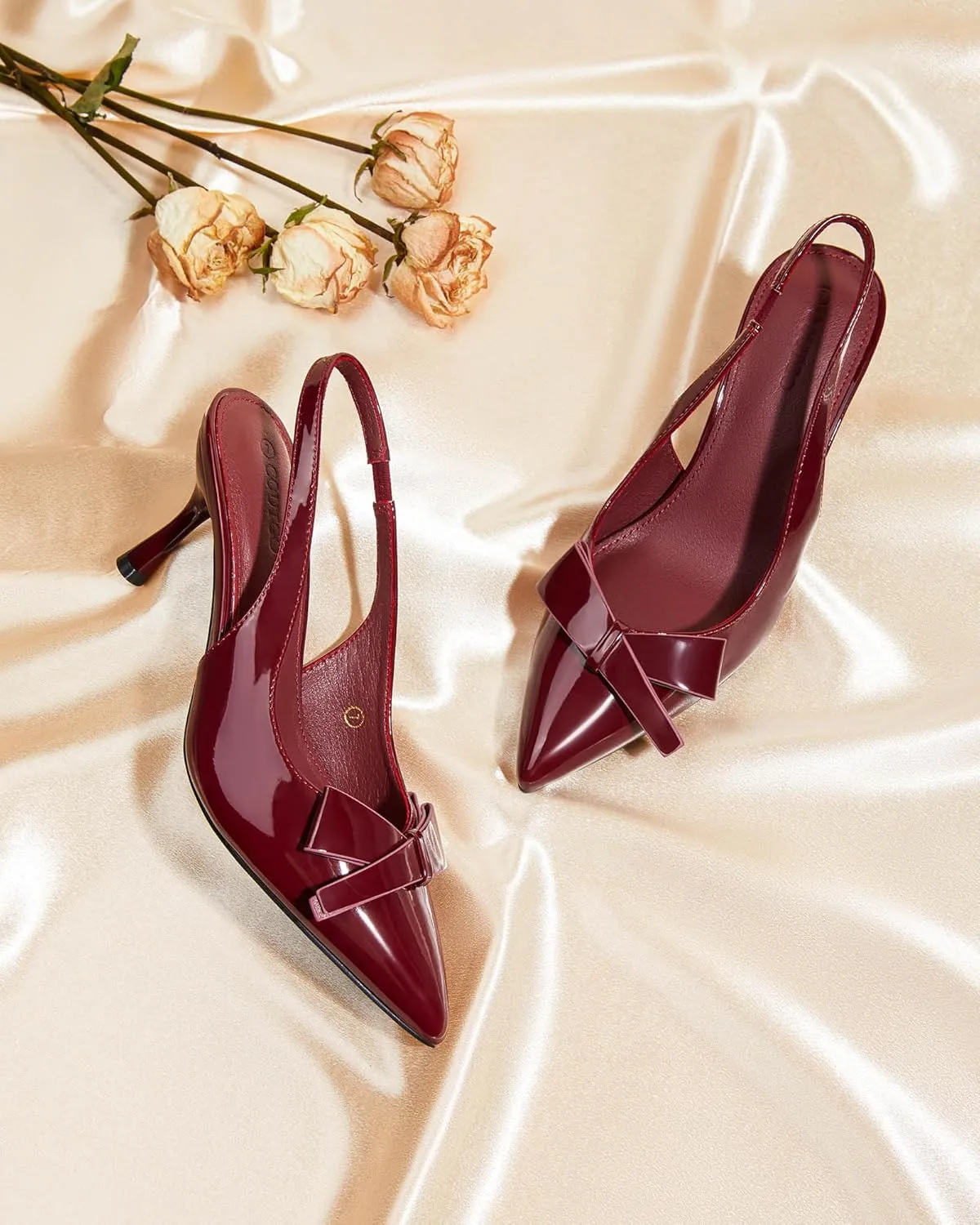 Coutgo Womens Slingback Kitten Heels Bow Closed Pointed Toe Pumps Slip on Office Work Dress Shoes