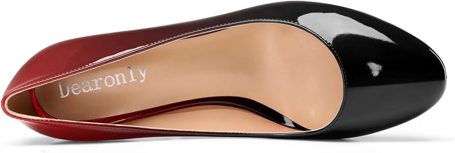 DearOnly Womens Close Round Toe Sexy Casual Slip-on Pumps Patent Leather Mid Heel Basic Classic Office Shoes 2.6 Inches Heels