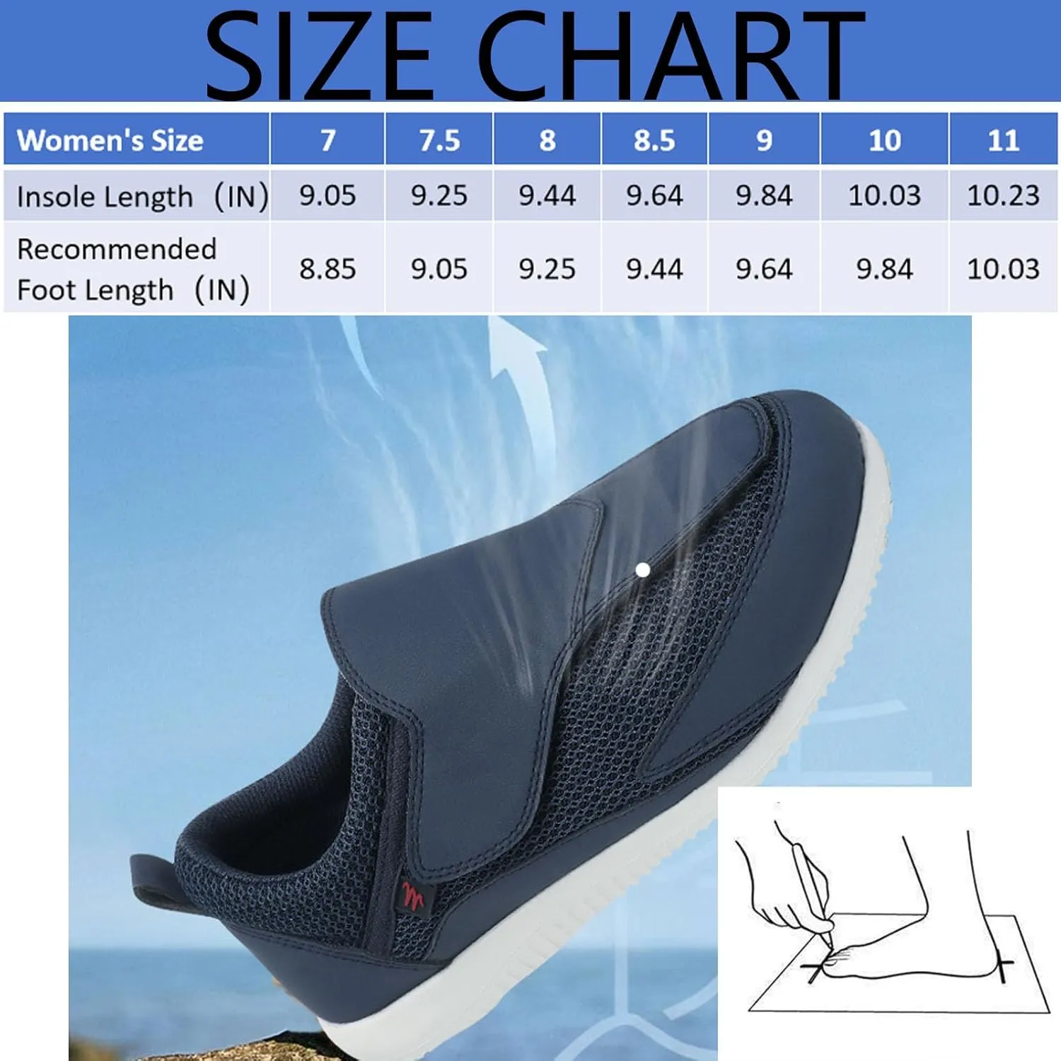 Diabetic Shoes for Women Extra Wide Adjustable Walking Shoes Slip-on Shoes for Swollen Feet for Elderly Soft Reduce Pain Caused by Friction Blue (10)