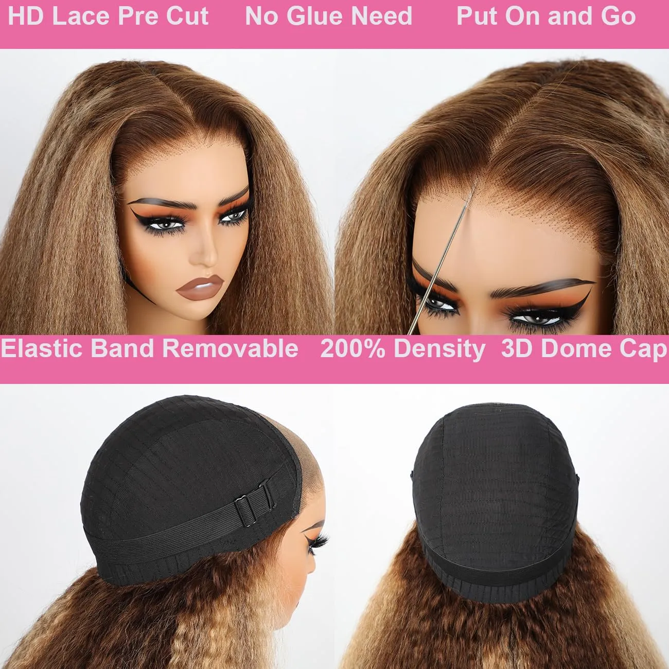 Domiso Ombre Wear and Go Glueless Wigs Human Hair Pre Plucked Pre Cut 4/27 Kinky Straight 6x4.6 HD Lace Wigs Human Hair for Women Beginners Wig Natural Hairline 200% Density 20 Inch
