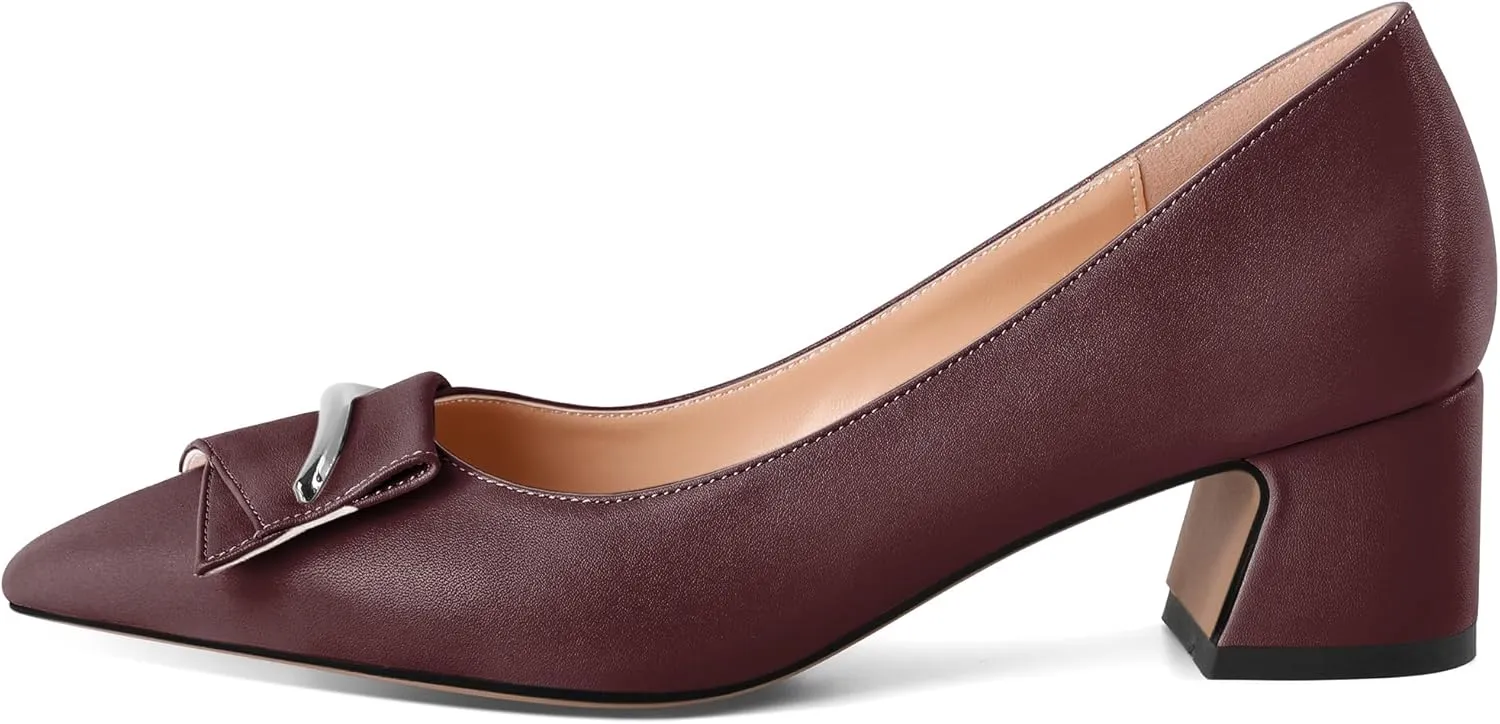 Eldof Block Heels Pumps for Women Pointed Toe Slip on Low Chunky Heeled Bow Heels Classic Low Heel Dress Shoes for Office Wedding Work Evening 2 Inches