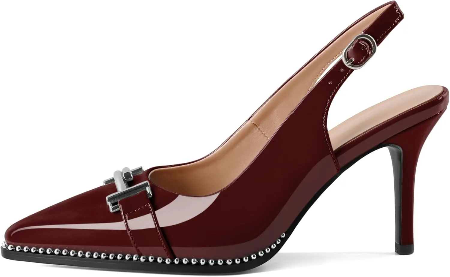 Eldof Women Slingback Heels Beaded Pumps Pointed Toe Slip On Stilettos High Heel Pumps Shoes with Silver Buckle Dressy 3.5 Inches
