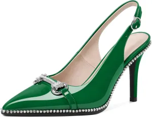 Eldof Women Slingbacks High Heel Pumps Closed Pointed Toe Beaded Rhinestone Slip On Stilettos Dress Pumps Shoes 3.5 Inches