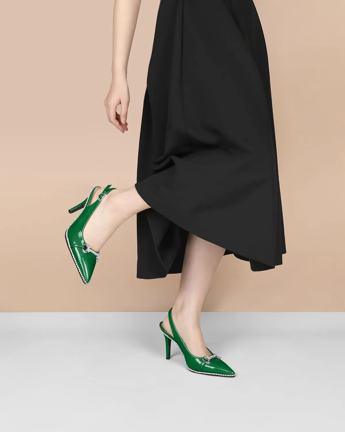 Eldof Women Slingbacks High Heel Pumps Closed Pointed Toe Beaded Rhinestone Slip On Stilettos Dress Pumps Shoes 3.5 Inches