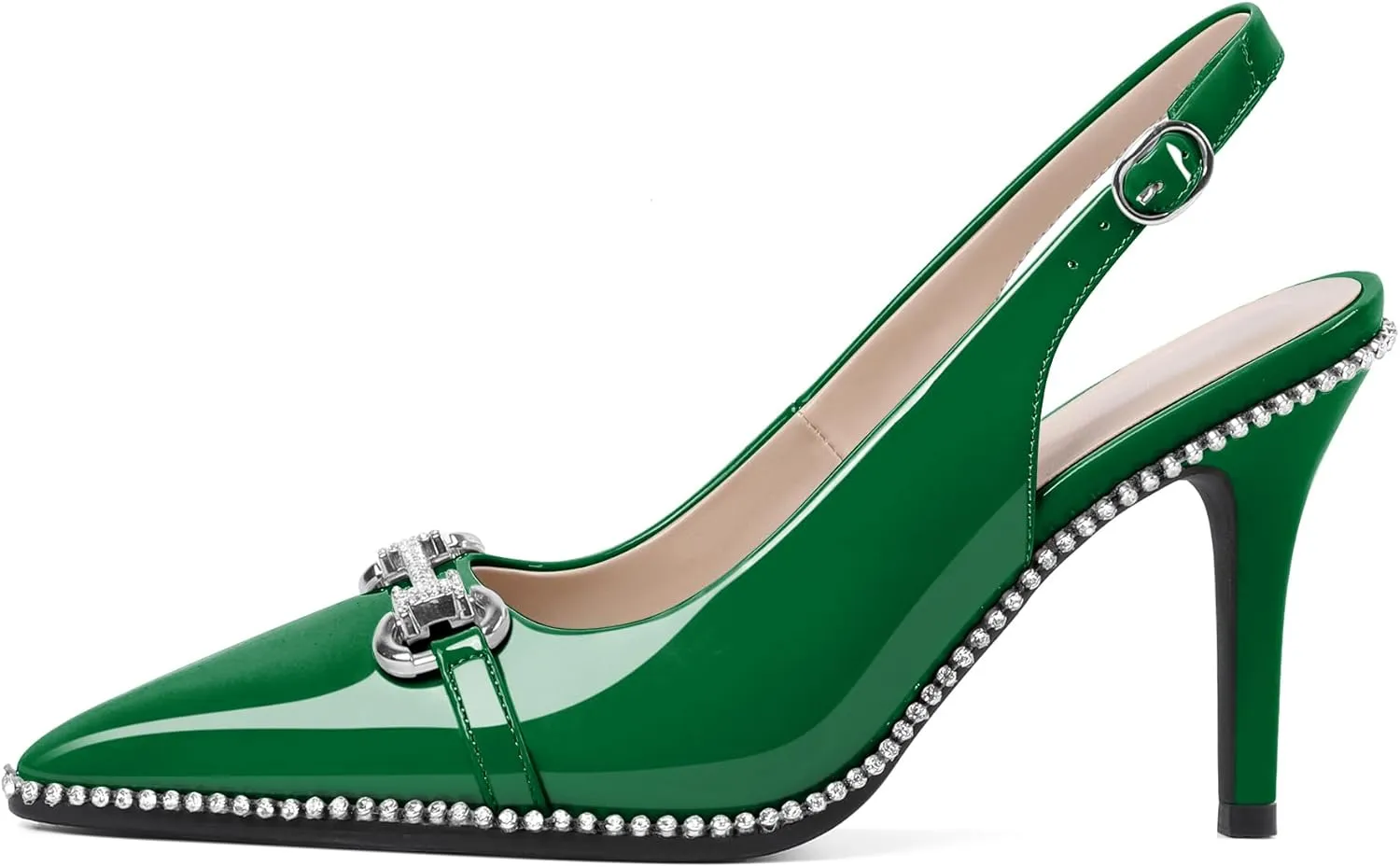 Eldof Women Slingbacks High Heel Pumps Closed Pointed Toe Beaded Rhinestone Slip On Stilettos Dress Pumps Shoes 3.5 Inches