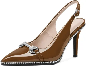 Eldof Women Slingbacks High Heel Pumps Closed Pointed Toe Beaded Rhinestone Slip On Stilettos Dress Pumps Shoes 3.5 Inches