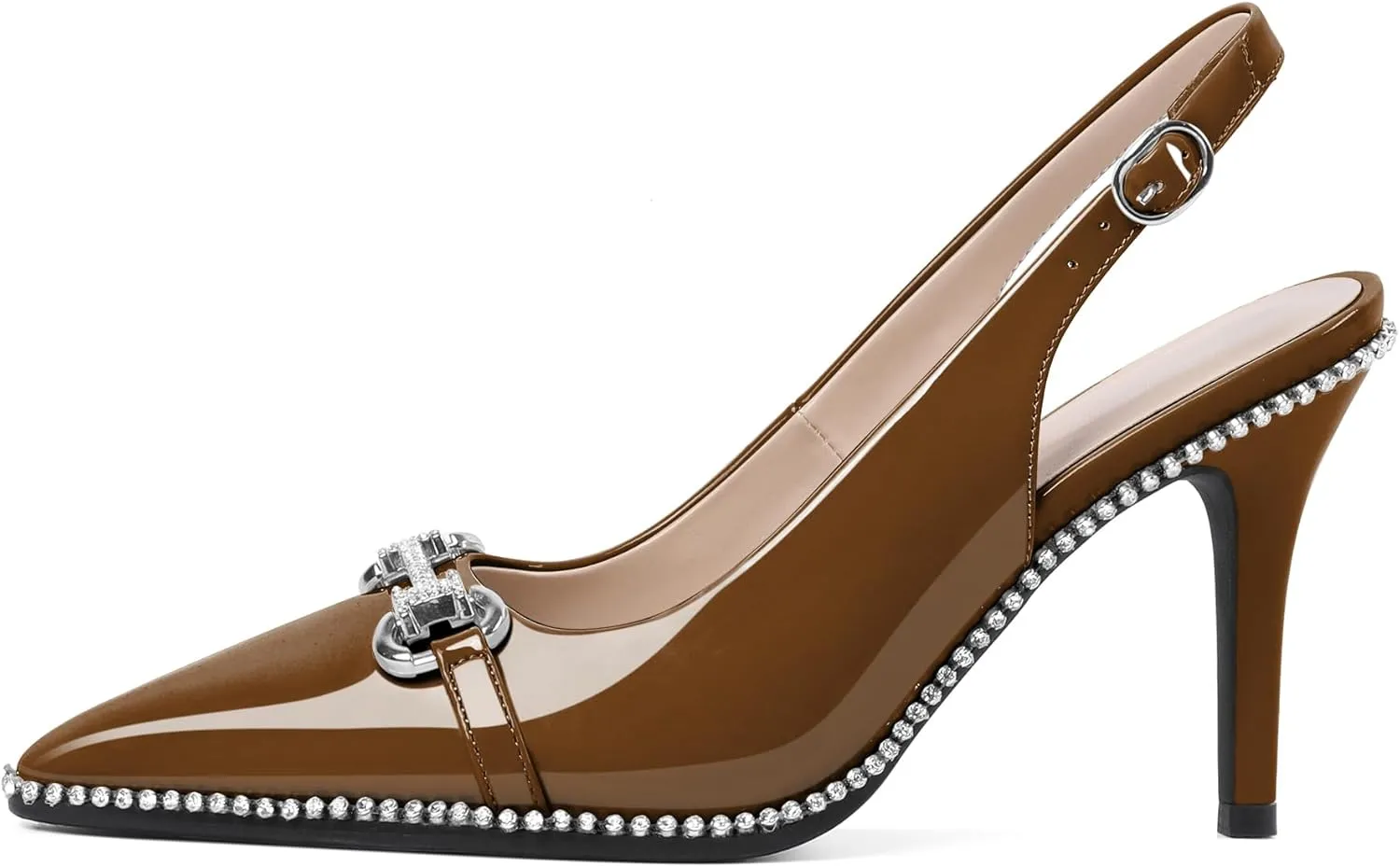 Eldof Women Slingbacks High Heel Pumps Closed Pointed Toe Beaded Rhinestone Slip On Stilettos Dress Pumps Shoes 3.5 Inches