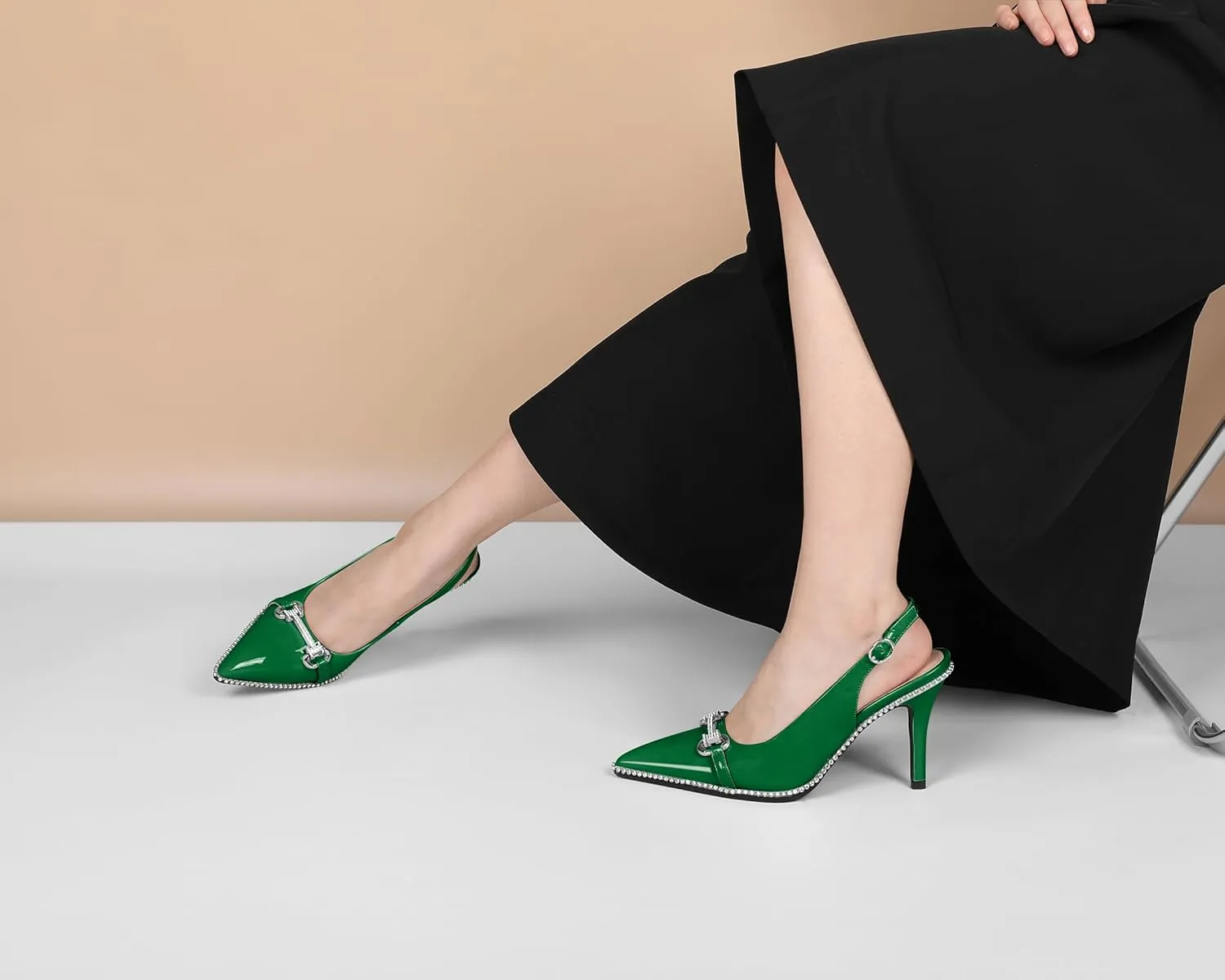 Eldof Women Slingbacks High Heel Pumps Closed Pointed Toe Beaded Rhinestone Slip On Stilettos Dress Pumps Shoes 3.5 Inches