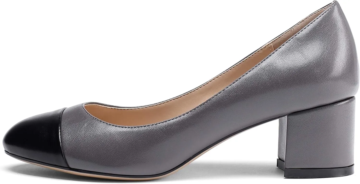 Eldof Women's Round Cap Toe Block Heels Slip On Chunky Low Heel Pumps for Wedding Party Office Classic Dress Shoes 2 Inches