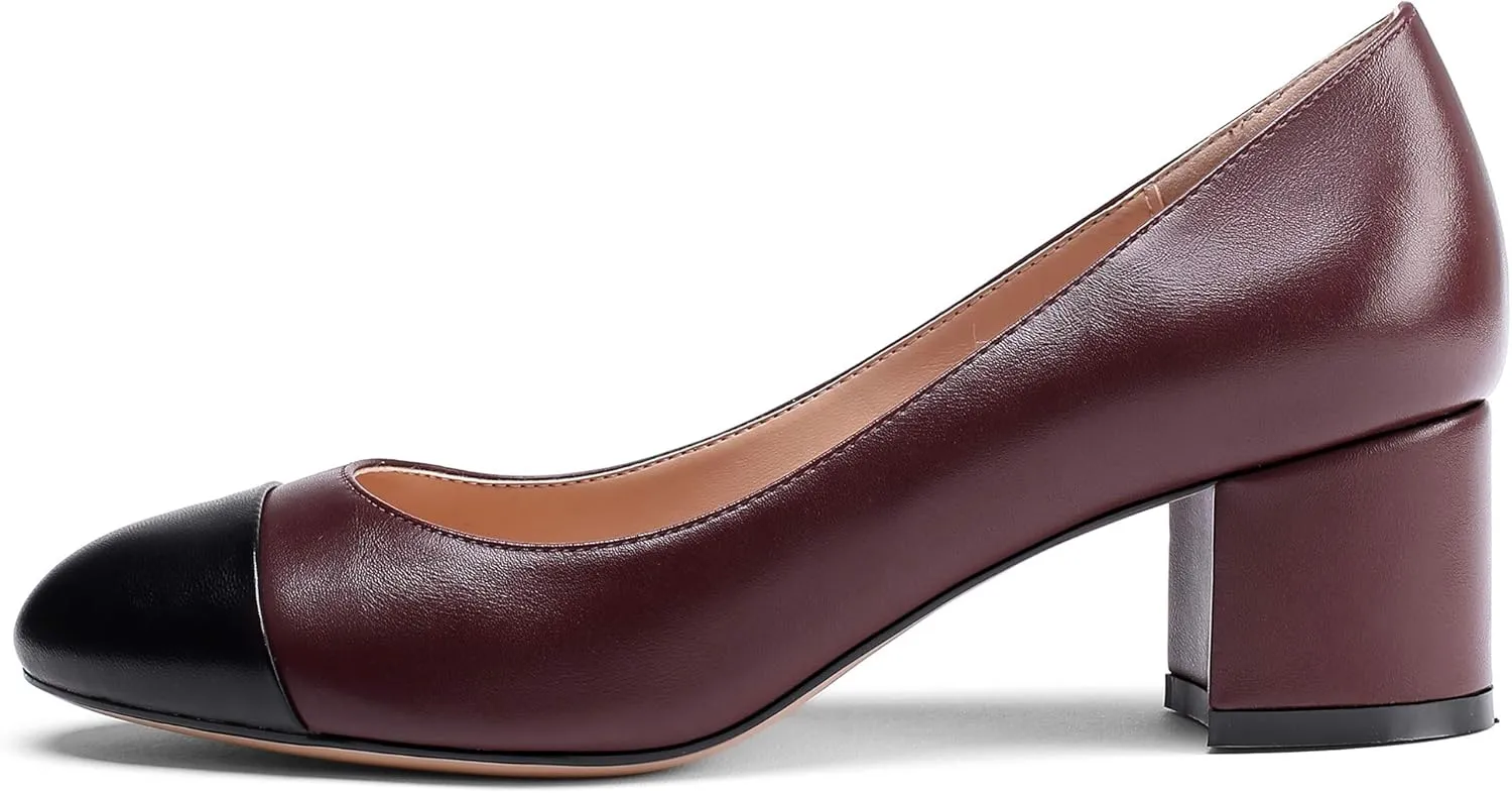 Eldof Women's Round Cap Toe Block Heels Slip On Chunky Low Heel Pumps for Wedding Party Office Classic Dress Shoes 2 Inches