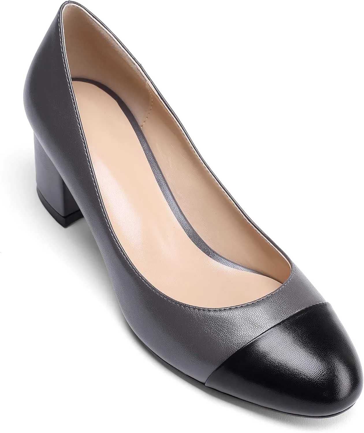 Eldof Women's Round Cap Toe Block Heels Slip On Chunky Low Heel Pumps for Wedding Party Office Classic Dress Shoes 2 Inches