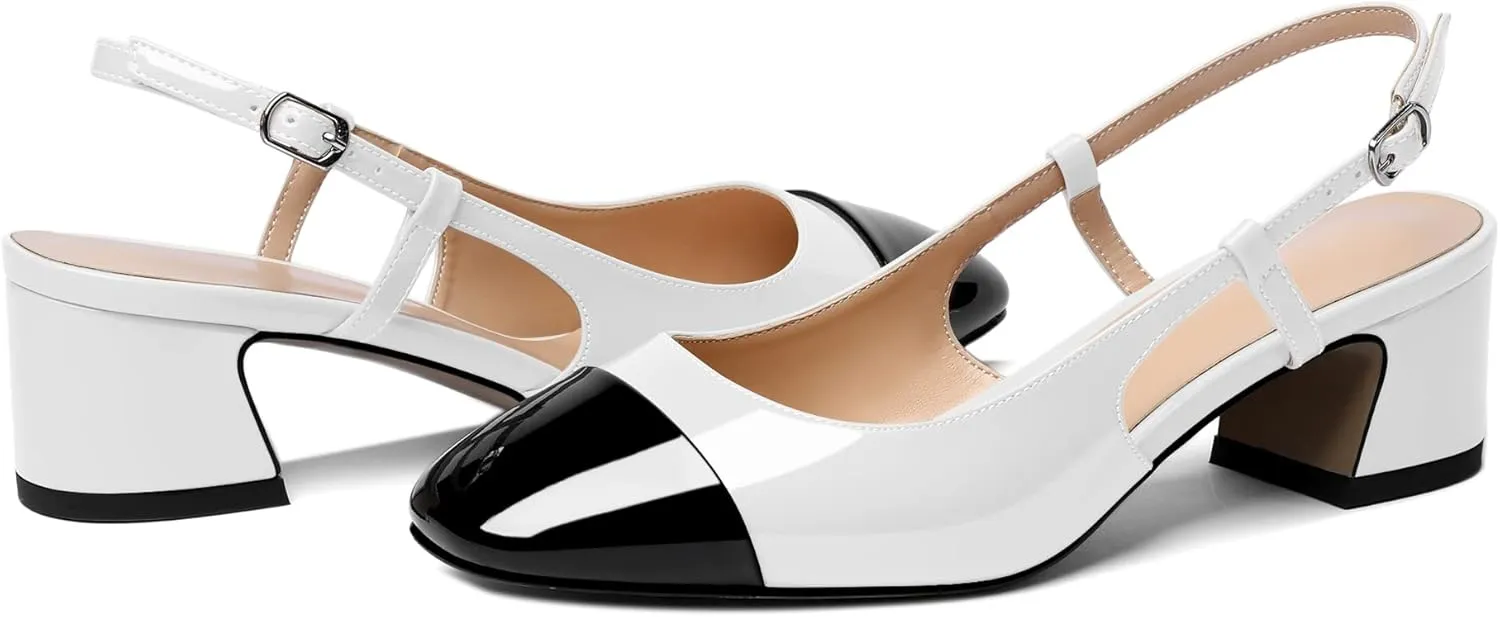 Eldof Women's Slingback Heels Block Pumps Shoes with Square Toe Slip on Heels 2 Inches for Casual Work Daily Life Party