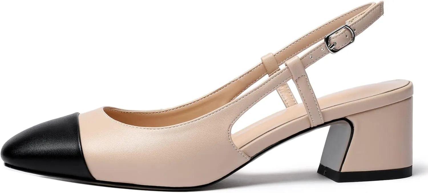 Eldof Women's Slingback Heels Block Pumps Shoes with Square Toe Slip on Heels 2 Inches for Casual Work Daily Life Party