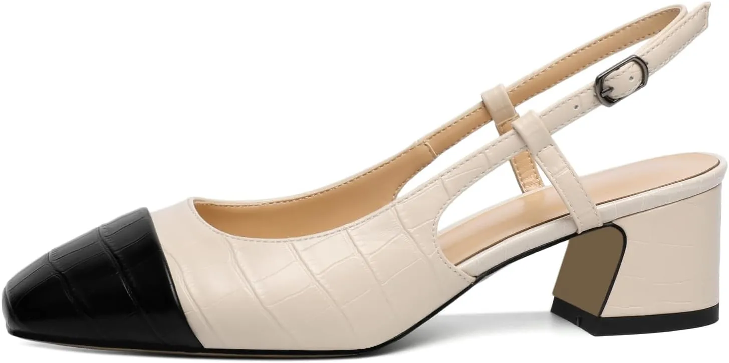 Eldof Women's Slingback Heels Block Pumps Shoes with Square Toe Slip on Heels 2 Inches for Casual Work Daily Life Party