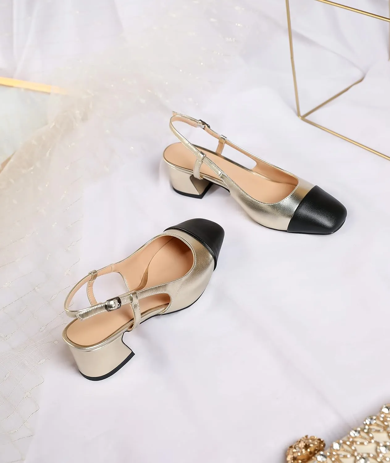 Eldof Women's Slingback Heels Block Pumps Shoes with Square Toe Slip on Heels 2 Inches for Casual Work Daily Life Party