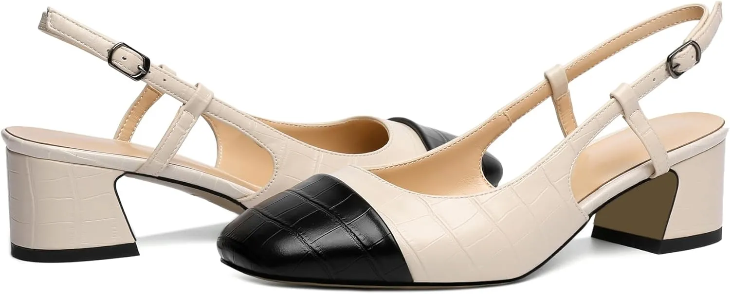 Eldof Women's Slingback Heels Block Pumps Shoes with Square Toe Slip on Heels 2 Inches for Casual Work Daily Life Party