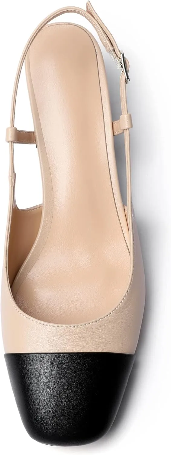 Eldof Women's Slingback Heels Block Pumps Shoes with Square Toe Slip on Heels 2 Inches for Casual Work Daily Life Party