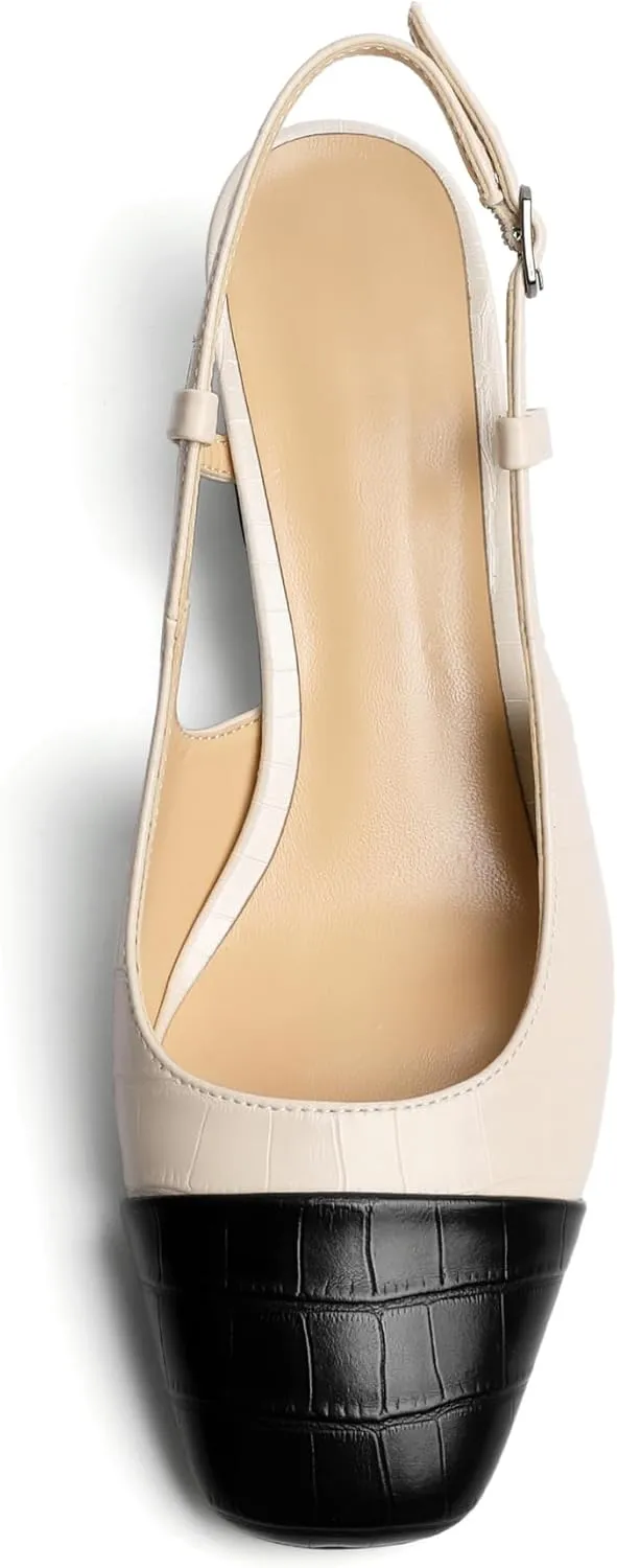 Eldof Women's Slingback Heels Block Pumps Shoes with Square Toe Slip on Heels 2 Inches for Casual Work Daily Life Party