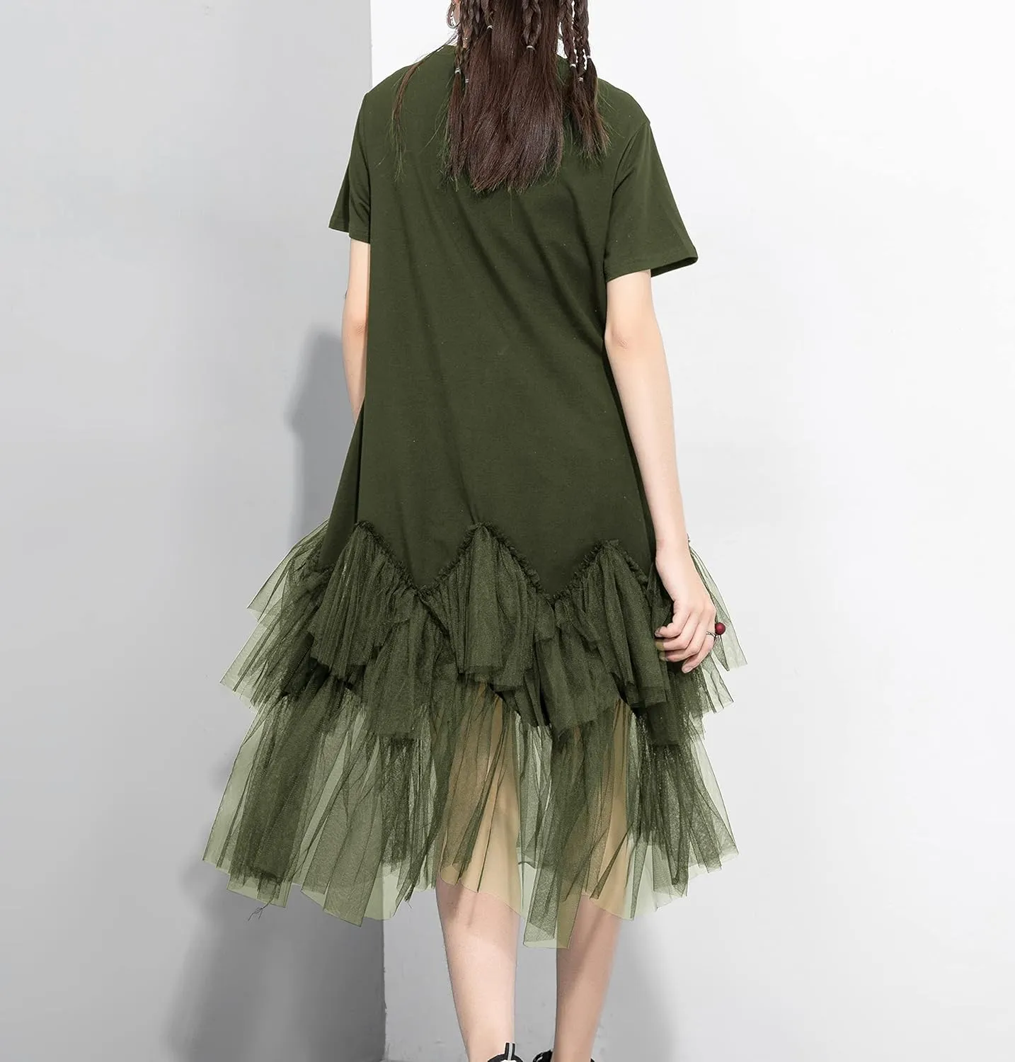 ellazhu Women's Casual Short Sleeve Crew Neck Tutu Tulle Dress with an Oversized Fit GY2266