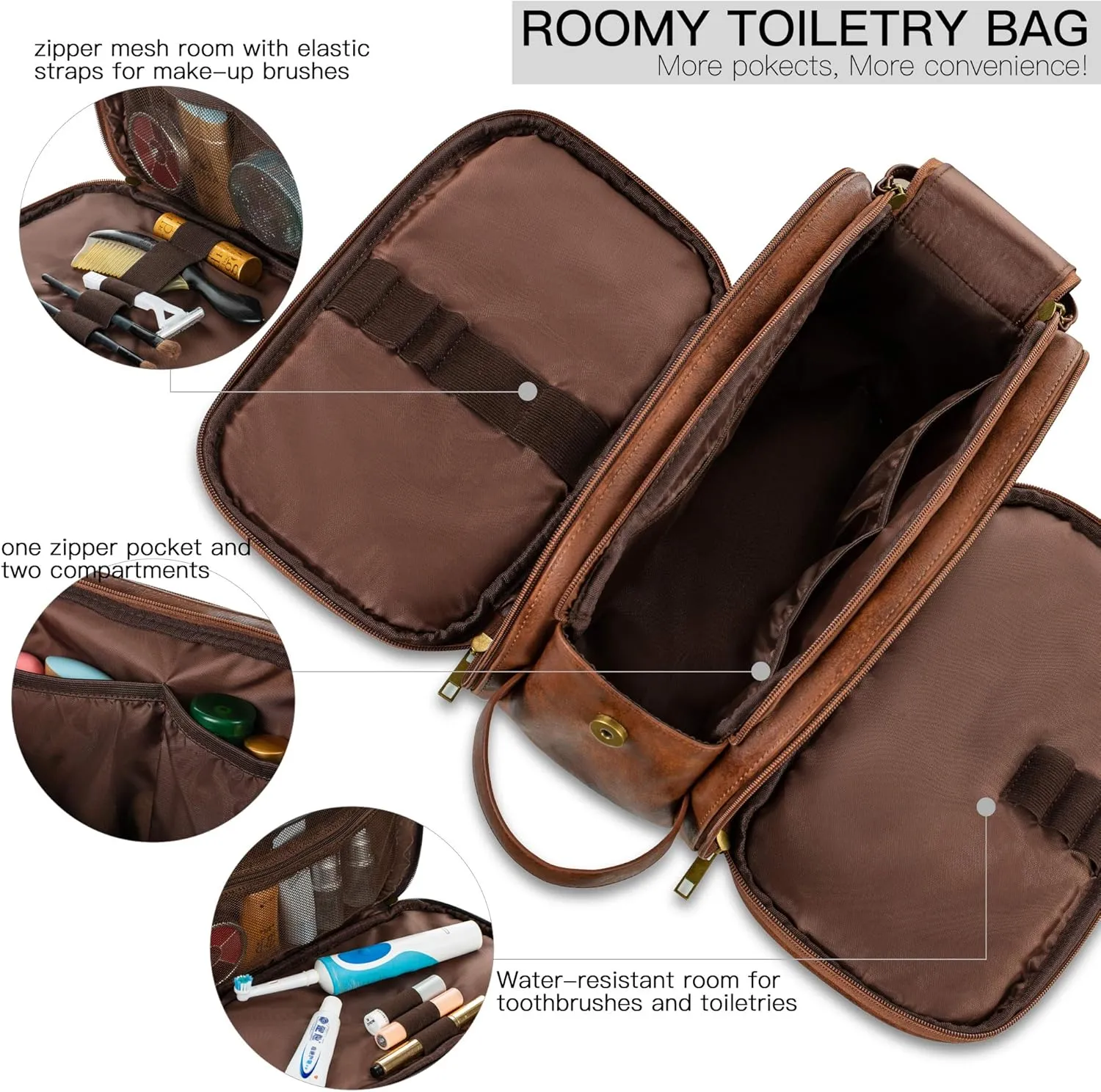 Elviros Toiletry Bag for Men, Large Travel Shaving Dopp Kit Water-resistant Bathroom Toiletries Organizer PU Leather Cosmetic Bags