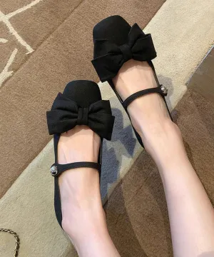 Fabric Cotton Flat Black Bow Buckle Shoes Strap Splicing