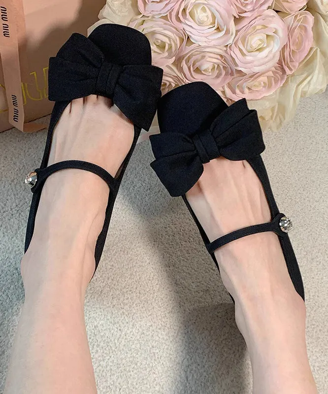 Fabric Cotton Flat Black Bow Buckle Shoes Strap Splicing