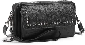FALAN MULE Crossbody Bags for Women Small Leather Cell Phone Wallet Wristlet Purse with Zip Around 2 Strap
