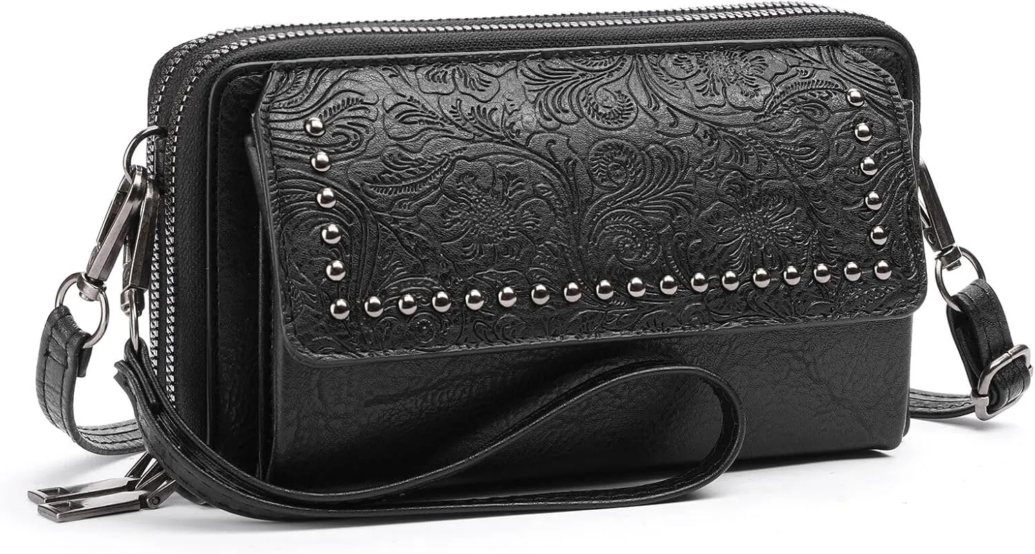 FALAN MULE Crossbody Bags for Women Small Leather Cell Phone Wallet Wristlet Purse with Zip Around 2 Strap